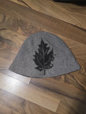 100% Wool Gray Beanie with Black Leaf Motif